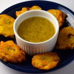 Tostones (Fried Plantains) with Mojo (Garlic Sauce)